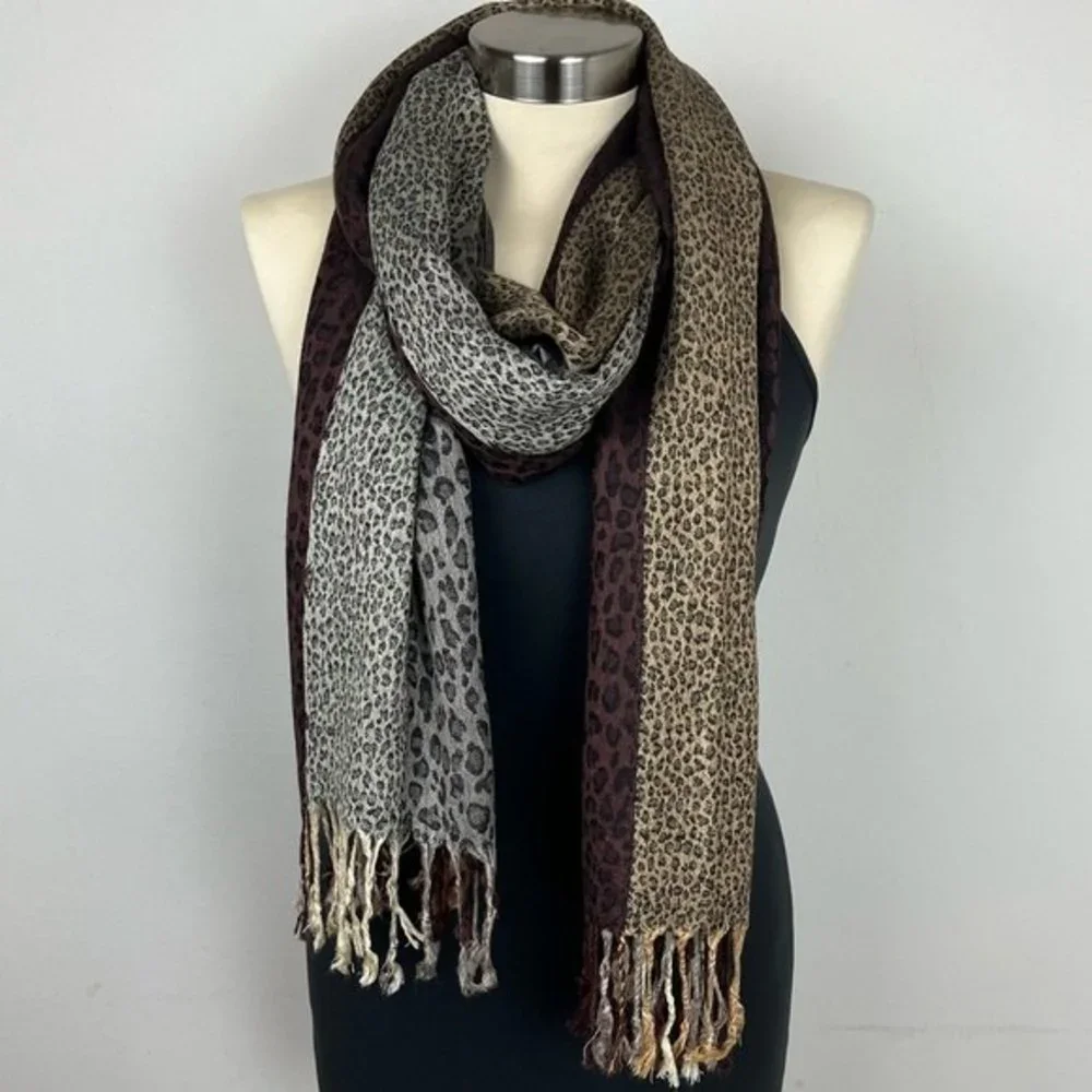 Color Block Striped Animal Print Scarf Shawl with Fringe